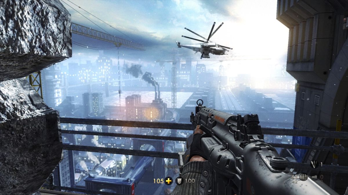 Wolfenstein: The New Order (PlayStation 4) screenshot: Better take out the enemy helicopter before heading down