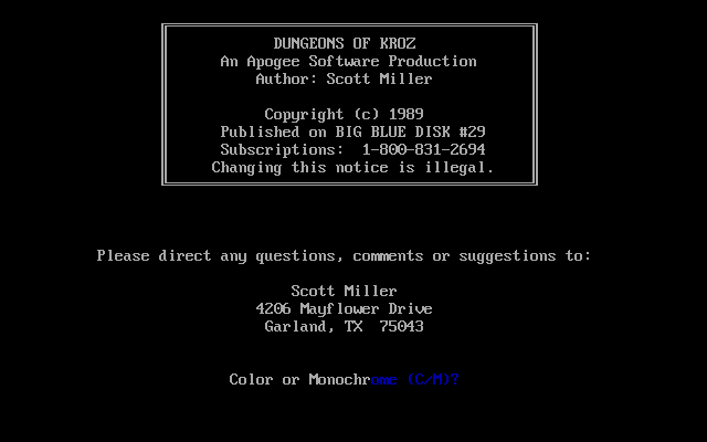 Dungeons of Kroz (DOS) screenshot: Title screen