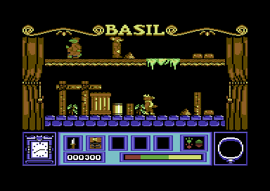 Basil the Great Mouse Detective (Commodore 64) screenshot: A rat is caught in a mousetrap