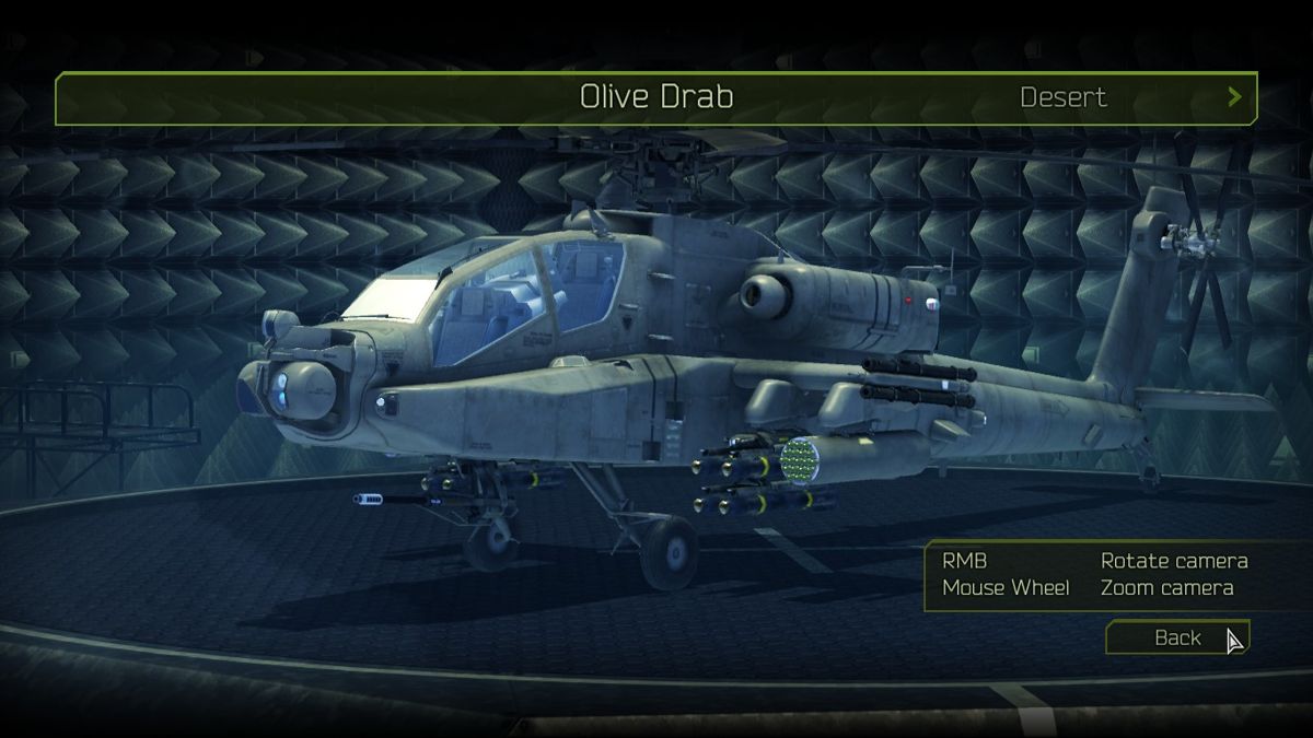 Apache Air Assault (Windows) screenshot: AH-64D Longbow being viewed in the hangar.