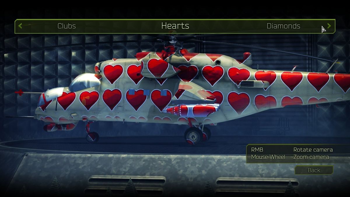 Apache Air Assault (Windows) screenshot: Helicopters can be customized in the hangar. Their skins can be changed, and various decals can be added.