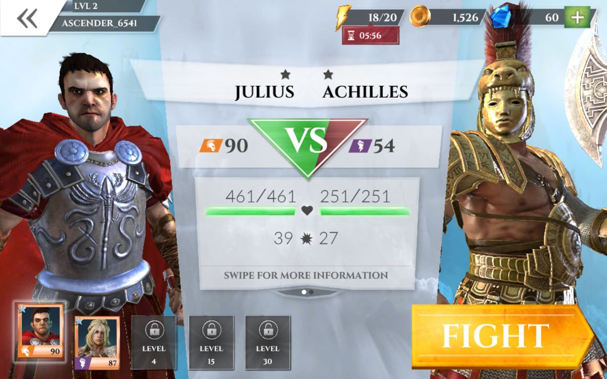 Gods of Rome (Android) screenshot: Match-up screen with some statistics. Here you can also choose your fighter and compare them.