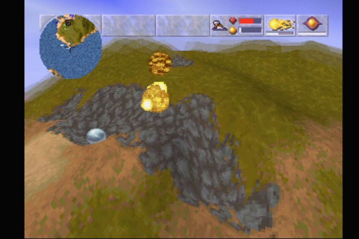 Magic Carpet Plus (PlayStation) screenshot: Terrain can be marked and deformed by spells.