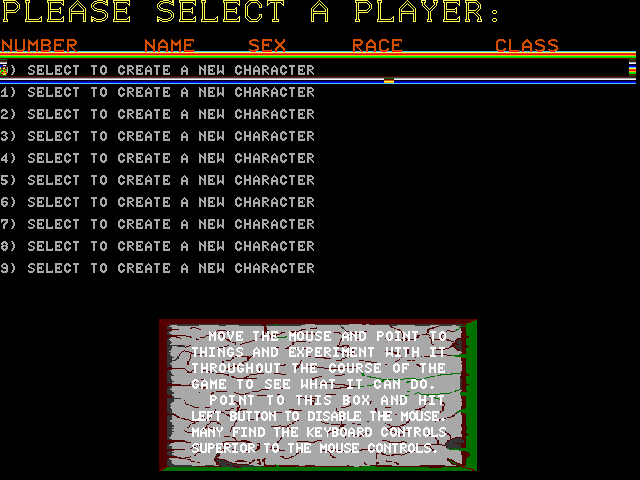 Moraff's Dungeons of the Unforgiven (DOS) screenshot: Input device selection