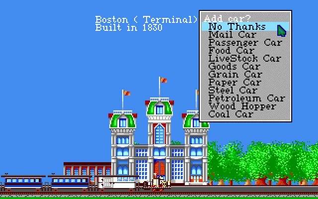 Sid Meier's Railroad Tycoon (Amiga) screenshot: Append cars to engine