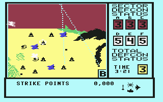 WarGames (Commodore 64) screenshot: Map of sector B. I have incoming missiles and enemy planes.