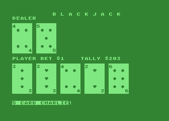 Blackjack (Atari 8-bit) screenshot: 5 card charlie
