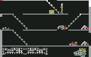 Aztec (Commodore 64) screenshot: Lots of staircases, a box, and some remains