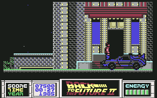 Back to the Future Part II (Commodore 64) screenshot: The doc's car picks up Marty