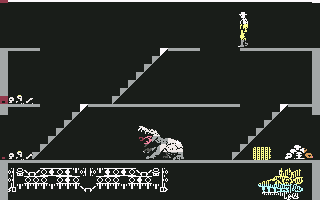 Aztec (Commodore 64) screenshot: There is a dinosaur down there