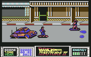 Back to the Future Part II (Commodore 64) screenshot: Marty is about to get squashed by a passing car
