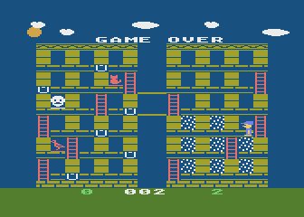 Memory Manor (Atari 8-bit) screenshot: I lost because my squeegee ran dry