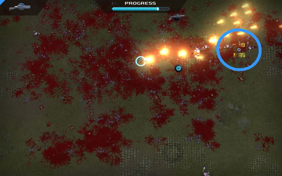 Crimsonland (Windows) screenshot: This weapon upgrade is powerful, but only offers a few bullets.