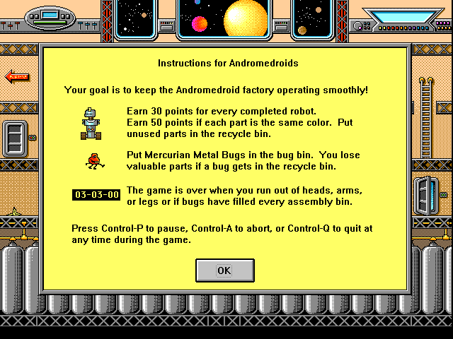 Alien Arcade (Windows 16-bit) screenshot: <i>Andromedroids</i>: instructions