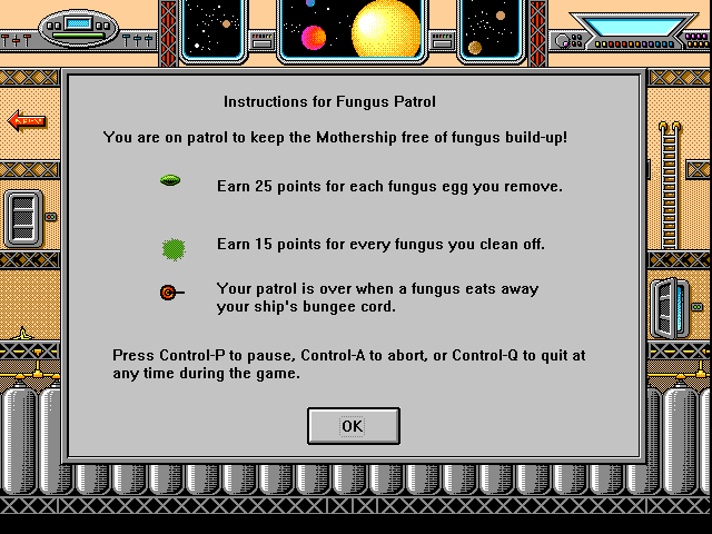 Alien Arcade (Windows 16-bit) screenshot: <i>Fungus Patro</i>l: instructions