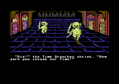 The Cave of Time (Commodore 64) screenshot: Another arcade sequence inside the dungeon. Move your sword (the white line) over the screen and press fire at the right moment to attack.