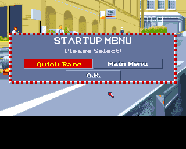World Circuit (Amiga) screenshot: Startup menu