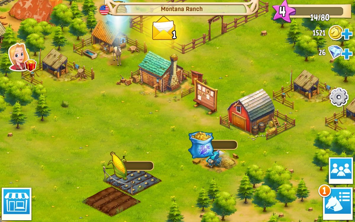 Horse Haven: World Adventures (Android) screenshot: Choose which crops to plant on the fields.