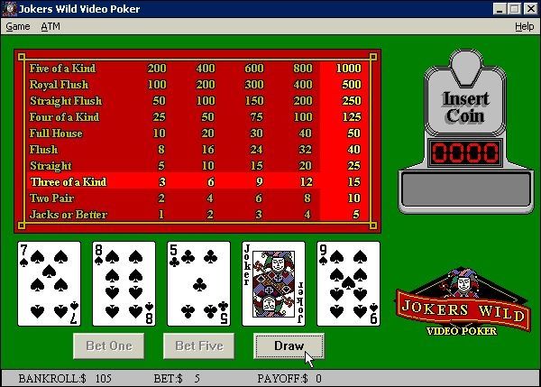 Joker's Wild Poker (Windows) screenshot: The joker is a handy thing to have, here it's made a straight