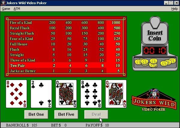 Joker's Wild Poker (Windows) screenshot: This is what a win looks like. If the player opts to show game statistics then the coin box is not shown