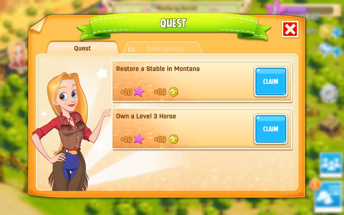 Horse Haven: World Adventures (Android) screenshot: Complete quests and achievements for rewards