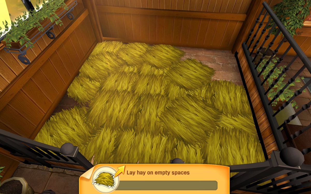 Horse Haven: World Adventures (Android) screenshot: Lay down the hay so it covers the entire floor.