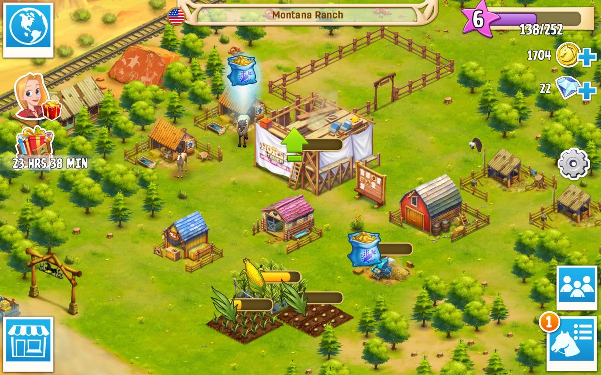 Horse Haven: World Adventures (Android) screenshot: Constructing a large building.