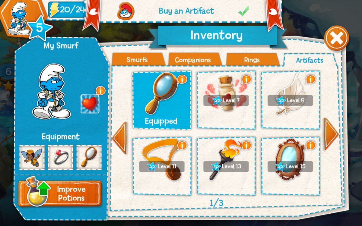 The Smurfs: Epic Run (Android) screenshot: Some of the available artifacts