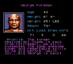 George Foreman's KO Boxing (SNES) screenshot: George Foreman's stats