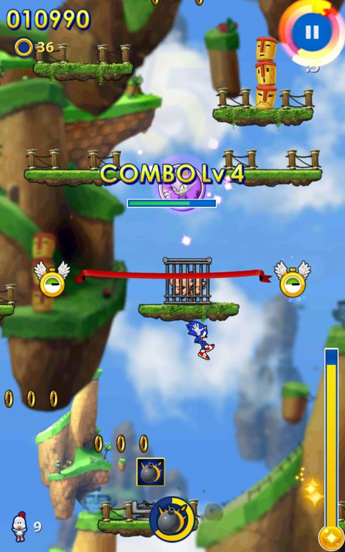 Sonic Jump Fever (Android) screenshot: Passing the ribbon extends time.