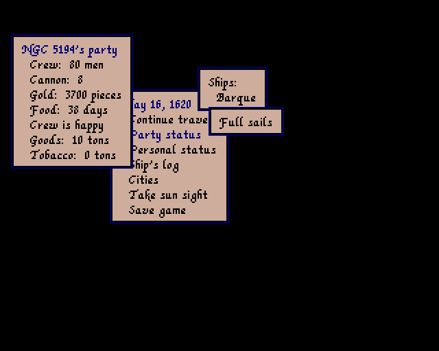 Sid Meier's Pirates! (Amiga) screenshot: Reviewing party status