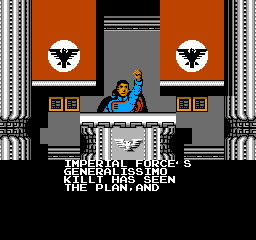 Bionic Commando (NES) screenshot: The leader of the Badds, Generalissimo Killt