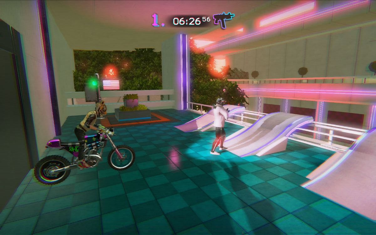 Trials of the Blood Dragon (Windows) screenshot: Enemies can be killed by riding through them.