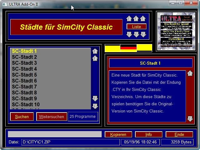 Ultra Level Add-On II (Windows 3.x) screenshot: New citys for SimCity