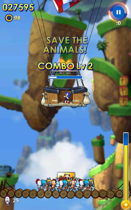 Sonic Jump Fever (Android) screenshot: The end of a level. Flick in the balls inside the balloon.