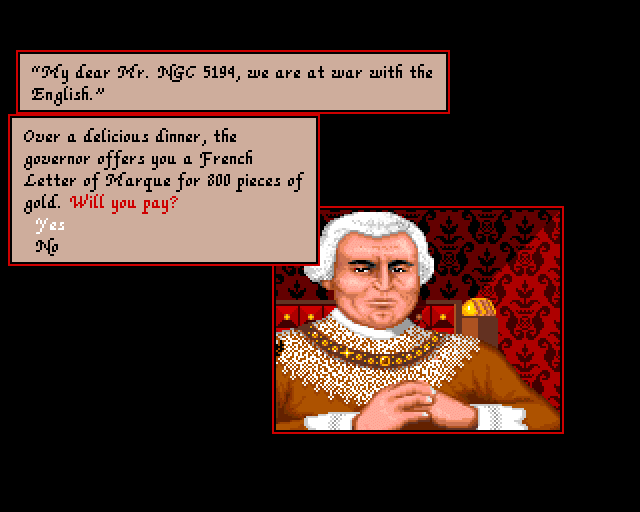 Sid Meier's Pirates! (Amiga) screenshot: Buying a letter of Marque from French Governor (it's the licence to kill the enemy)