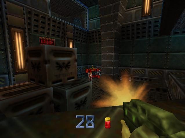 Quake II (Nintendo 64) screenshot: Shooting the enemy