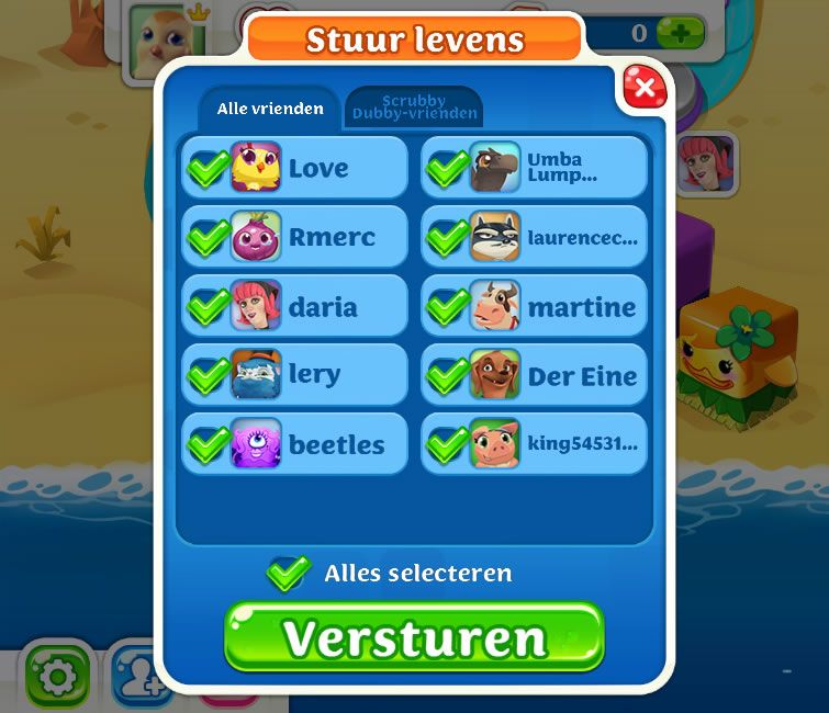 Scrubby Dubby Saga (Browser) screenshot: Send lives to friends (Dutch version).