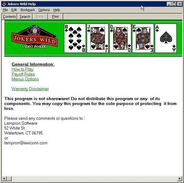 Joker's Wild Poker (Windows) screenshot: The help file opens in a new window