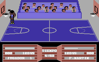 Fernando Martín Basket Master (Commodore 64) screenshot: Trying to block - too late!