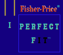 Fisher-Price Perfect Fit (NES) screenshot: The letters for "FIT" fall from the shoot and slide into place on the title screen