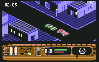 Beverly Hills Cop (Commodore 64) screenshot: Tailing a car in a quiet neighborhood