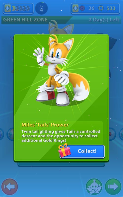 Sonic Jump Fever (Android) screenshot: Tails has been unlocked as a new character.