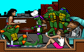 Teenage Mutant Ninja Turtles: Manhattan Missions (DOS) screenshot: It's all about... pizza!