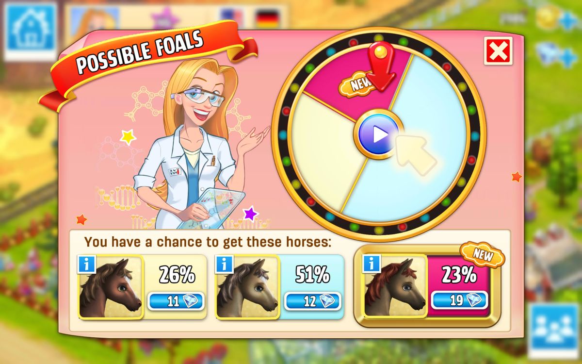 Horse Haven: World Adventures (Android) screenshot: The wheel of fortune to determine the result of a breed.