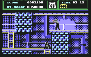 Batman (Commodore 64) screenshot: When Batman is out of energy, his face gets replaced by the joker's