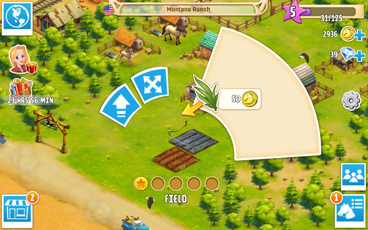 Horse Haven: World Adventures (Android) screenshot: Drag crops to plant them.