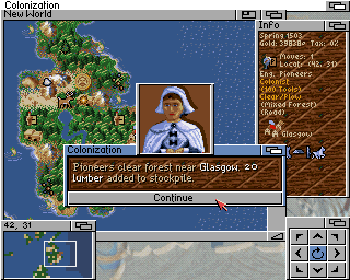 Sid Meier's Colonization (Amiga) screenshot: Pioneers are essential to improve your colony's land and production abilities