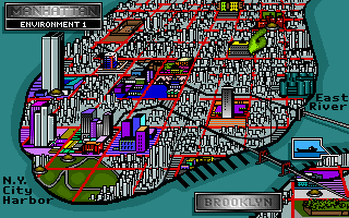Teenage Mutant Ninja Turtles: Manhattan Missions (DOS) screenshot: Map of New York, here you select a mission