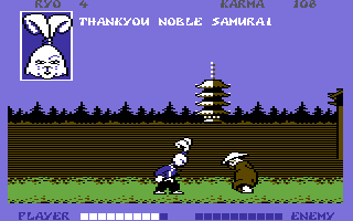 Samurai Warrior: The Battles of.... Usagi Yojimbo (Commodore 64) screenshot: Respectfully greet neutral NPCs to increase your Karma...